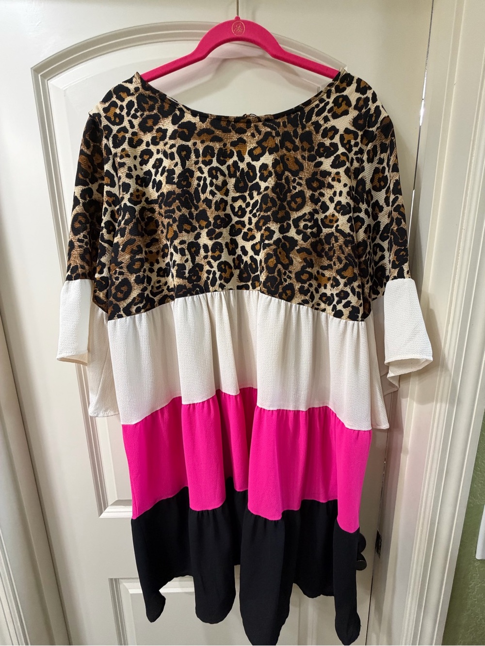 Leopard Print Color block Tiered Dress - Pink, White & Black